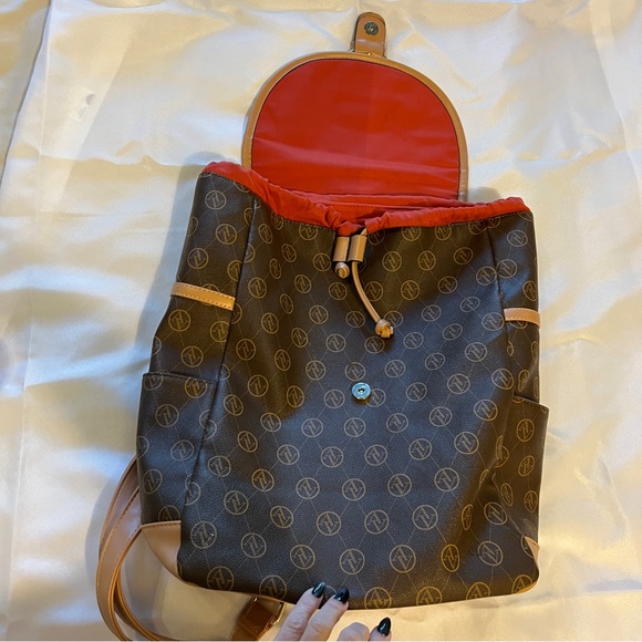 Adrienne Vittadini Brown and Tan Backpack with Orange‎ Trim Drawstring, Magnetic - Picture 8 of 13